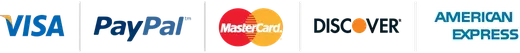 Row of payment logos: Visa, PayPal, Mastercard, Discover and American Express