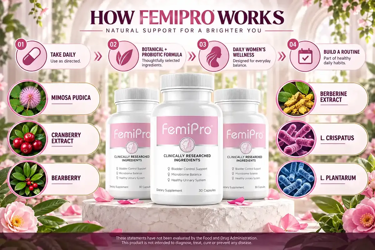 Seller graphic titled How FemiPro Works, with four steps and six ingredient icons around three FemiPro bottles
