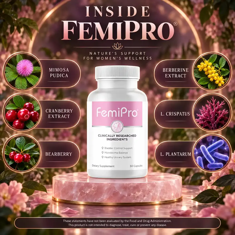 Seller graphic titled Inside FemiPro, showing mimosa pudica, cranberry, bearberry, berberine, L. crispatus and L. plantarum around one bottle