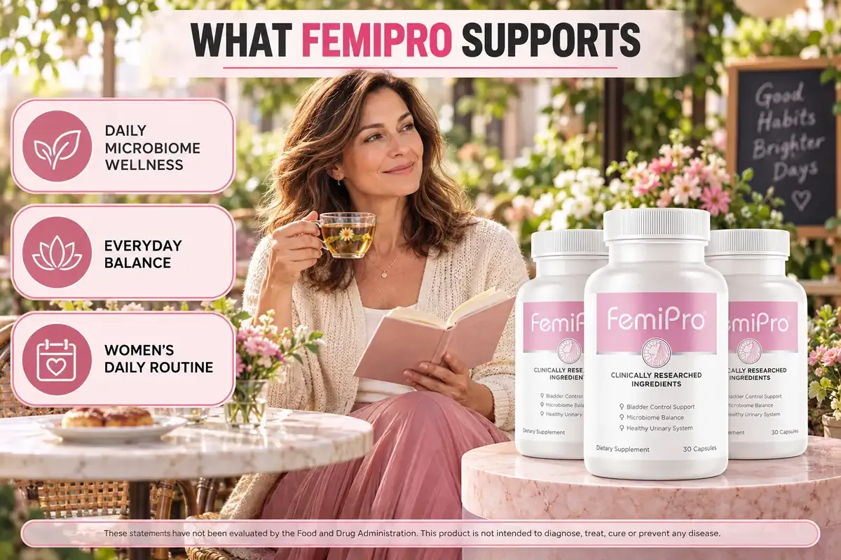 Seller graphic titled What FemiPro Supports, with a woman holding tea and a book at a flowered cafe beside three FemiPro bottles