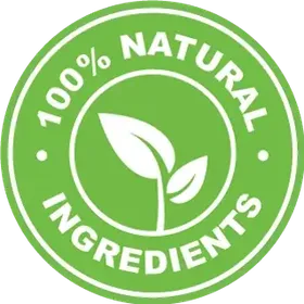 Bright green round seal with a leaf sprout reading 100% Natural Ingredients