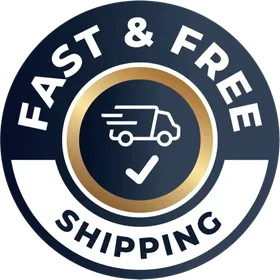 Round navy and gold badge reading Fast and Free Shipping, with a delivery truck and a check mark in the center