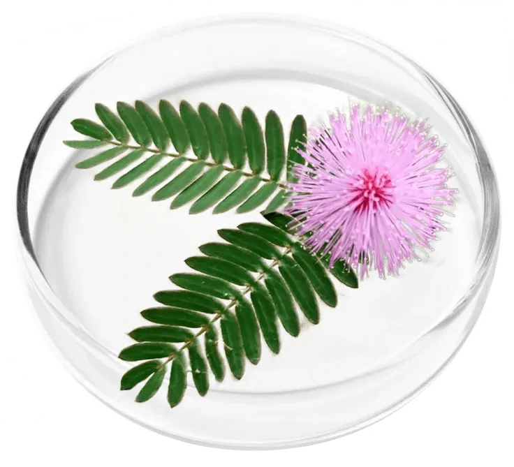 A pink puff flower and fern-like mimosa pudica leaves in a glass dish