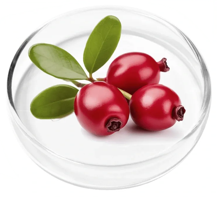 Red bearberries with glossy green leaves in a glass dish