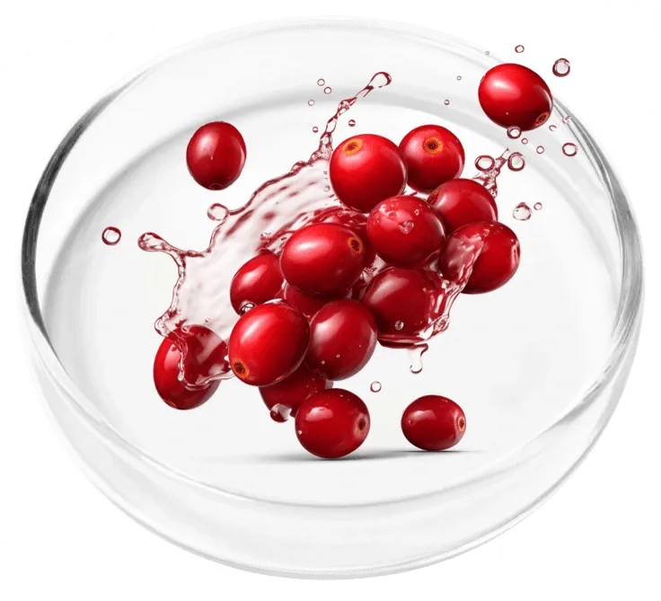A pile of fresh red cranberries in a glass dish