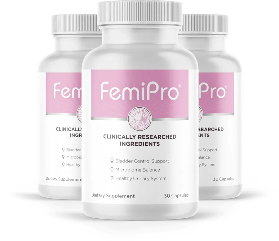 Three white FemiPro bottles with pink labels