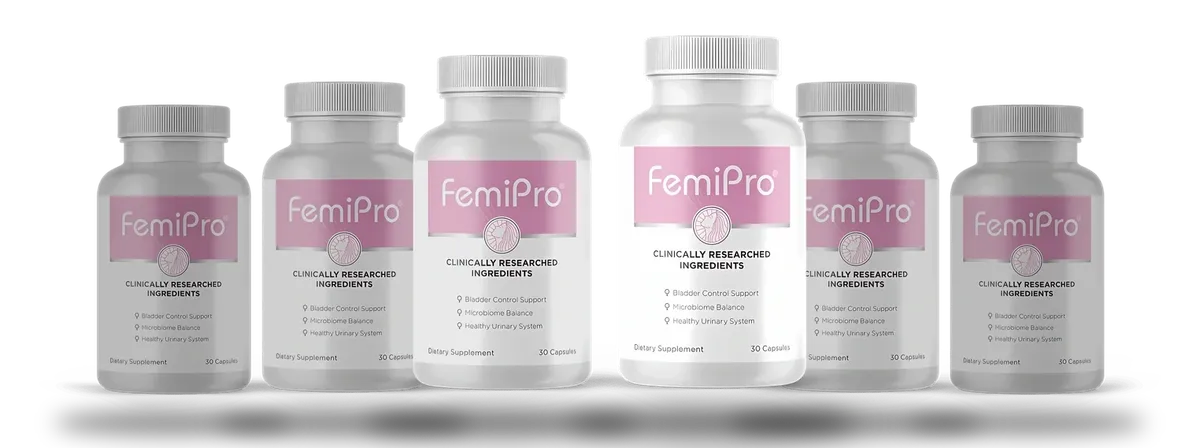 Six white FemiPro bottles with pink labels in a row