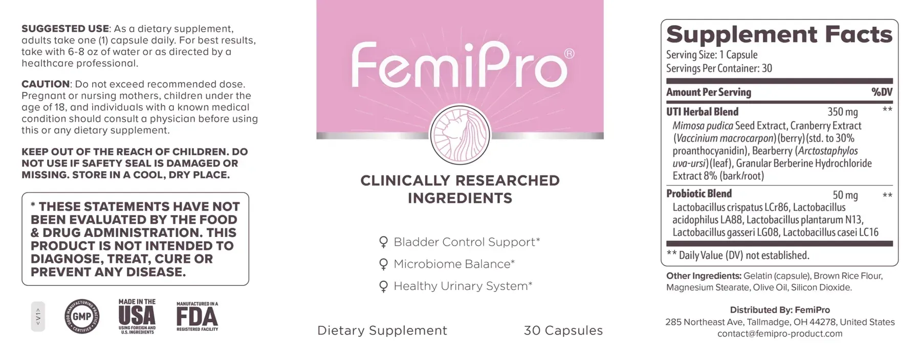 Full FemiPro label: suggested use, caution, the pink front panel with three claims, and the Supplement Facts panel listing a 350 mg UTI Herbal Blend and a 50 mg Probiotic Blend